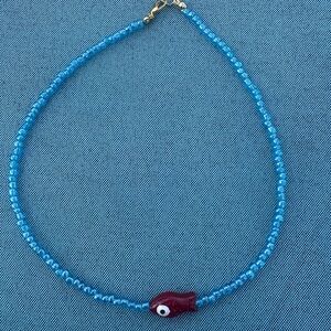 Blue Beaded Necklace with Fish Charm